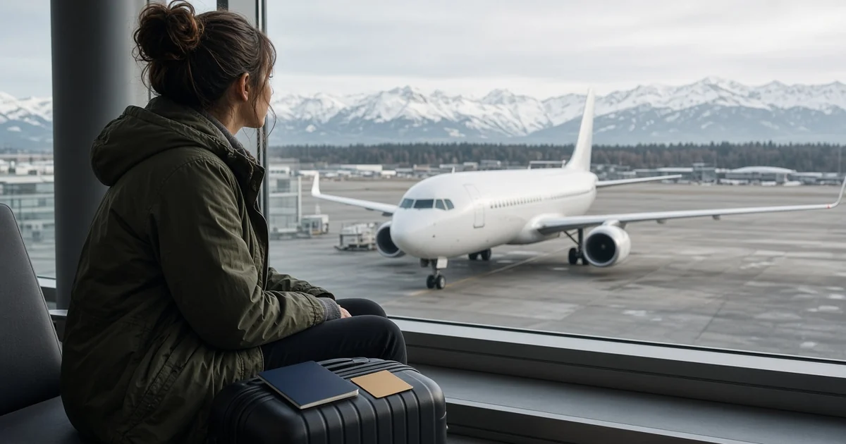 Traveller in a winter coat sitting by an airport window with a passport on her suitcase, looking out at a plane and mountains, for the Aeroplan for beginners guide