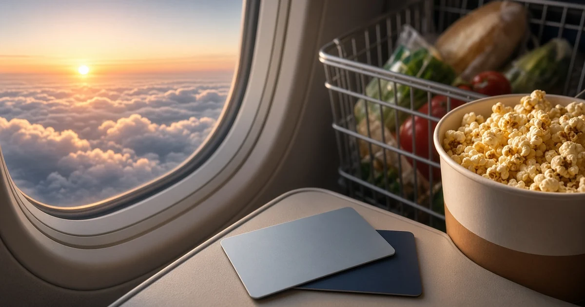 Two blank credit cards on an airplane tray table beside popcorn and a grocery basket, with a sunset out the window, for the Aeroplan vs Scene+ comparison