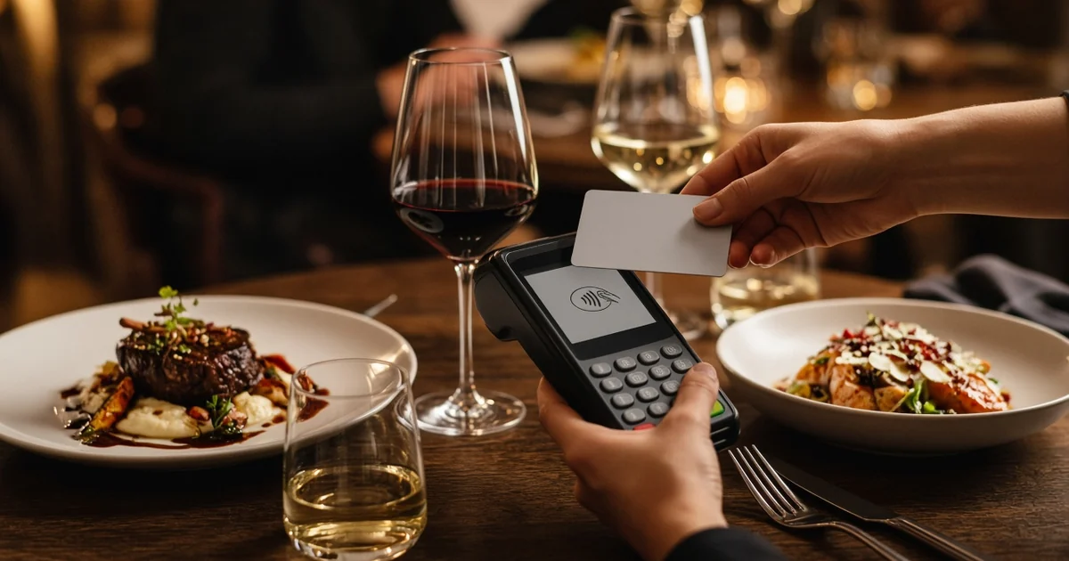 Hand tapping a blank credit card on a payment terminal at a restaurant table with plated meals and wine, for the best dining credit cards guide