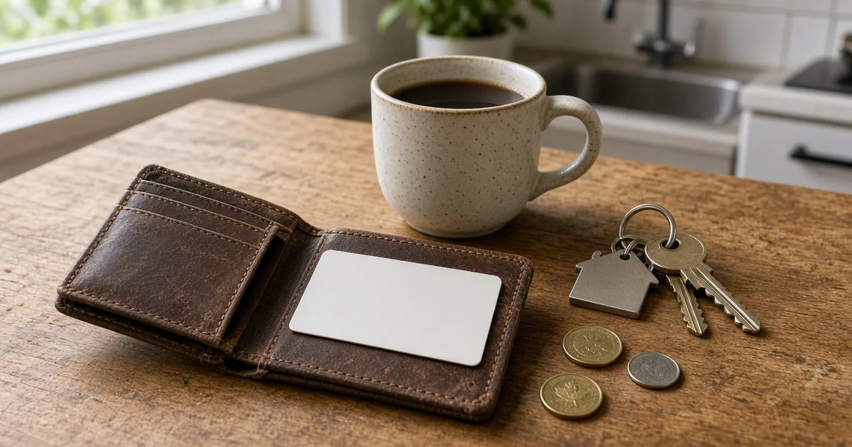 Leather wallet holding a single blank credit card beside a coffee mug, keys, and coins, for the best no annual fee credit cards guide