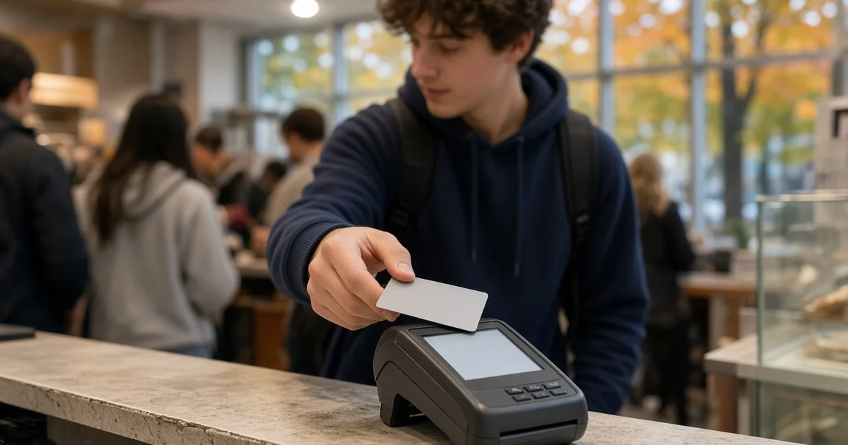 Student in a hoodie tapping a blank credit card on a payment terminal at a campus cafe, for the best student credit cards guide