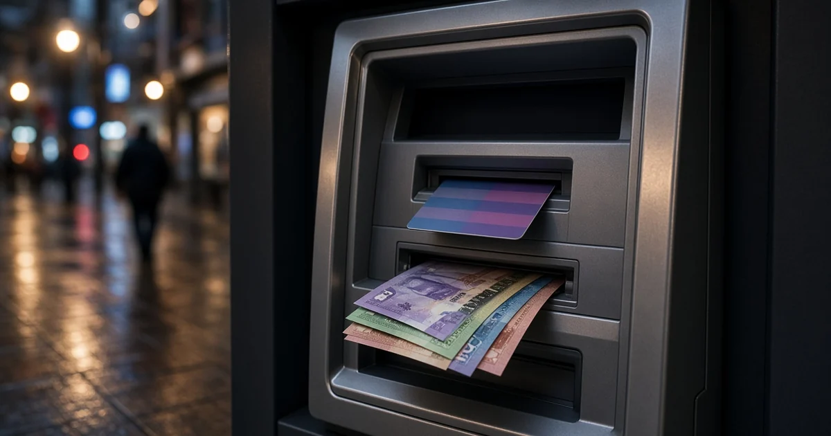 ATM on a wet city street at night with a card in the slot and Canadian banknotes dispensing, for the cash advances explained guide