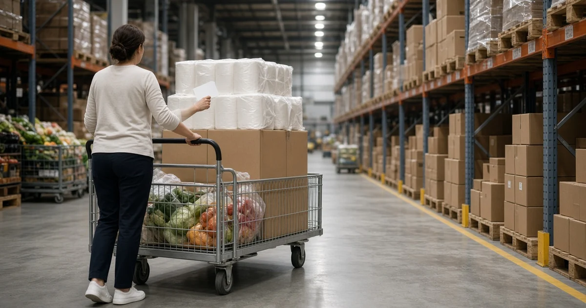 Shopper pushing a loaded flatbed cart of produce and paper goods down a warehouse aisle, for the Costco credit card options guide