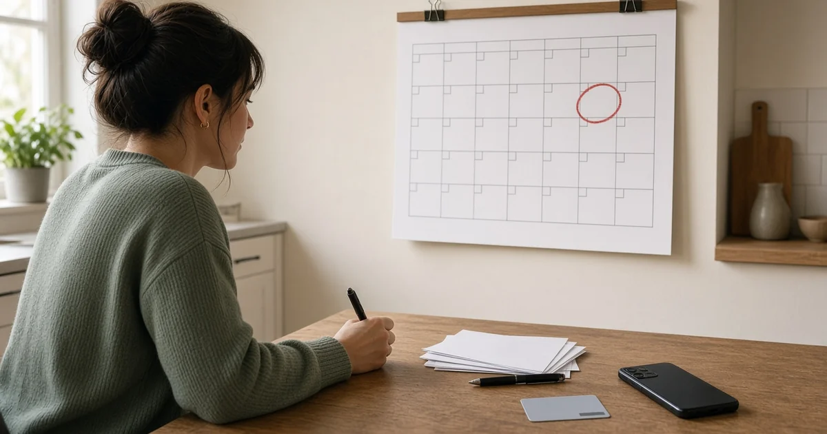 Person at a kitchen table with envelopes, a blank credit card, and a wall calendar with a date circled, for the interest, grace period and minimum payment guide