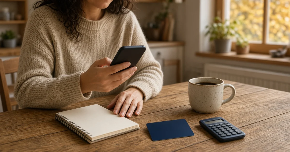 Hands with a phone, notebook, blank credit card, calculator and coffee at a wooden table, for the credit card points value guide