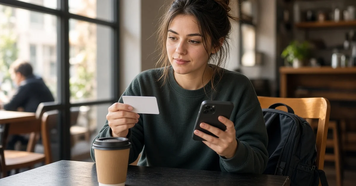 Young adult at a cafe table holding a blank credit card and phone with a backpack on the chair, for the low or no minimum income credit cards guide