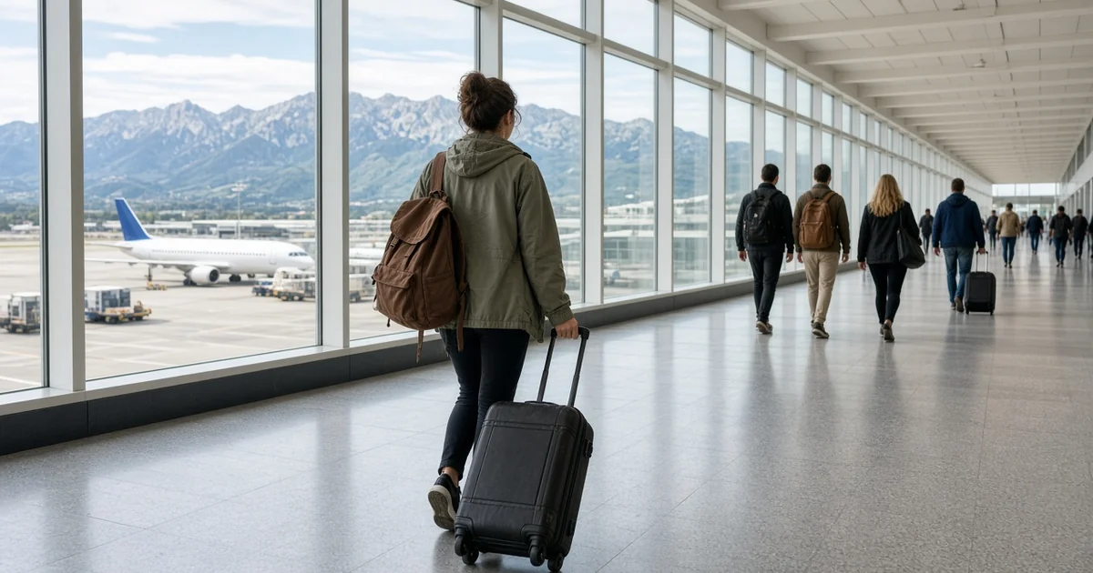 Traveller with a carry-on suitcase walking through an airport terminal with a mountain view, for the guide on choosing a travel credit card
