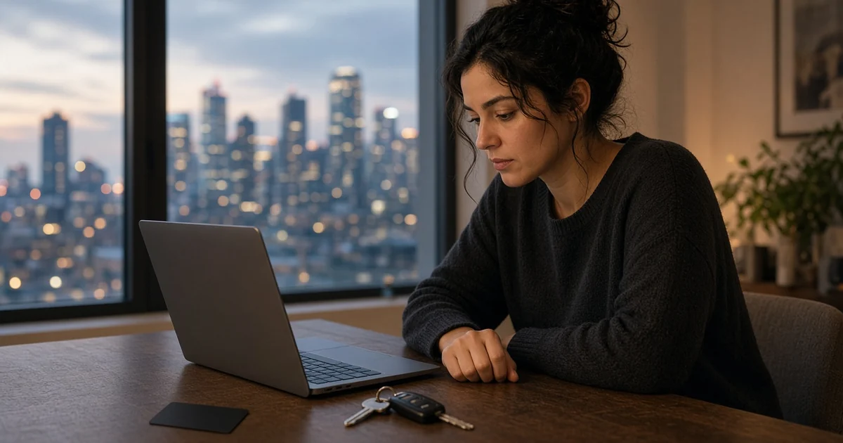 Person at a laptop by a city window at dusk with keys and a blank credit card on the table, for the paying rent and taxes with a credit card guide
