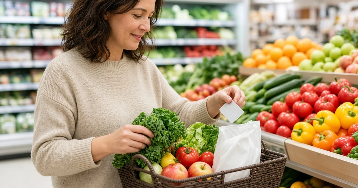Shopper holding a blank card over a basket of produce in a grocery aisle, for the PC Optimum explained guide