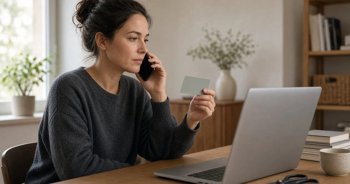 Person on a phone call at a laptop holding a blank credit card, for the product switch vs cancel credit card guide
