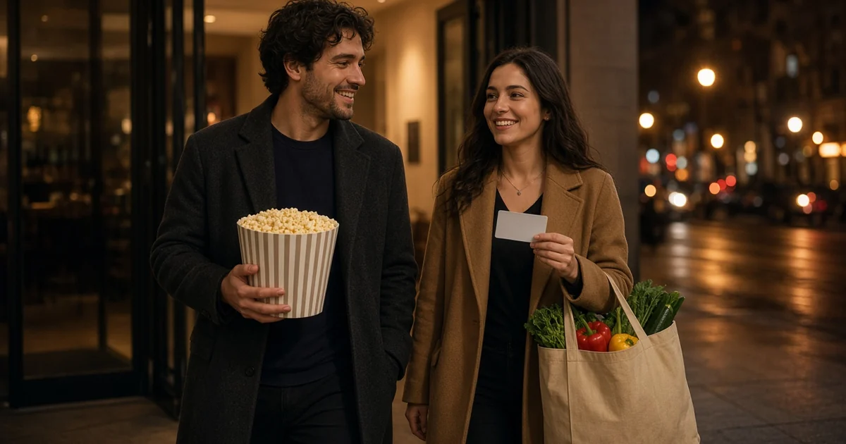 Couple on a city sidewalk at night with popcorn, a grocery bag and a blank credit card, for the Scene+ explained guide