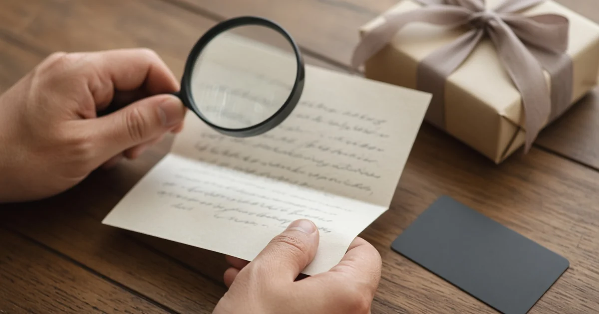 Hands with a magnifying glass over fine-print paperwork beside a gift box and blank credit card, for the welcome bonus eligibility rules guide