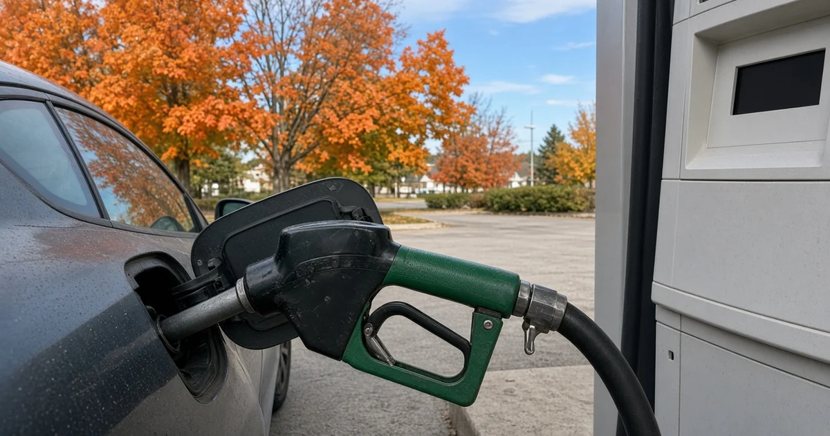Fuel nozzle in a car at a Canadian gas station in autumn, an everyday spending category