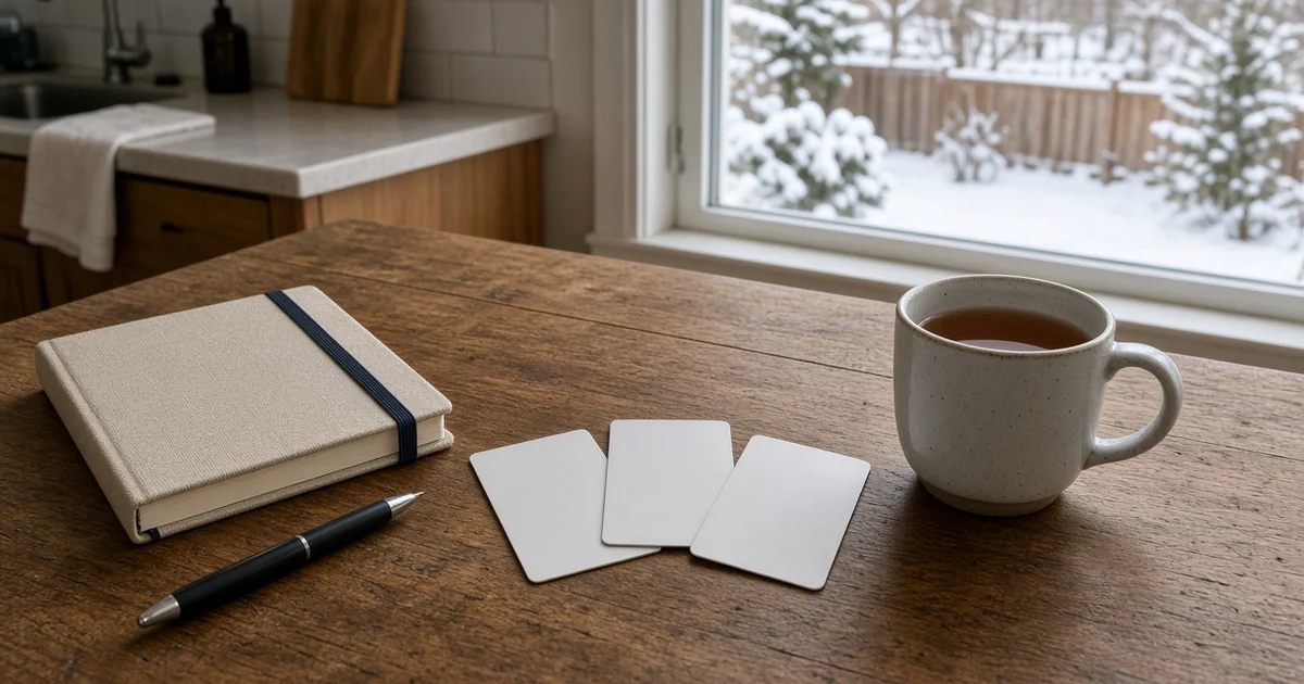 Three blank credit cards laid out on a kitchen table beside a notebook, ready to sort which cards to keep