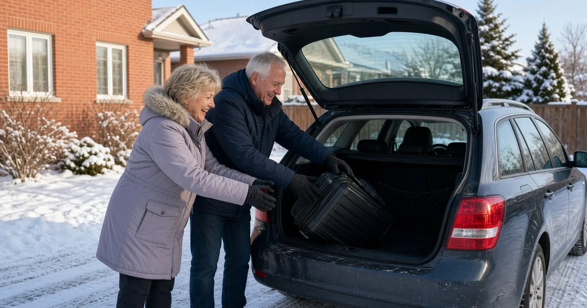 Retired Canadian couple loading suitcases into their car in a snowy driveway before a winter trip south