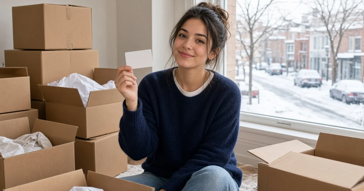 Young newcomer holding her first blank credit card among moving boxes in a Toronto apartment