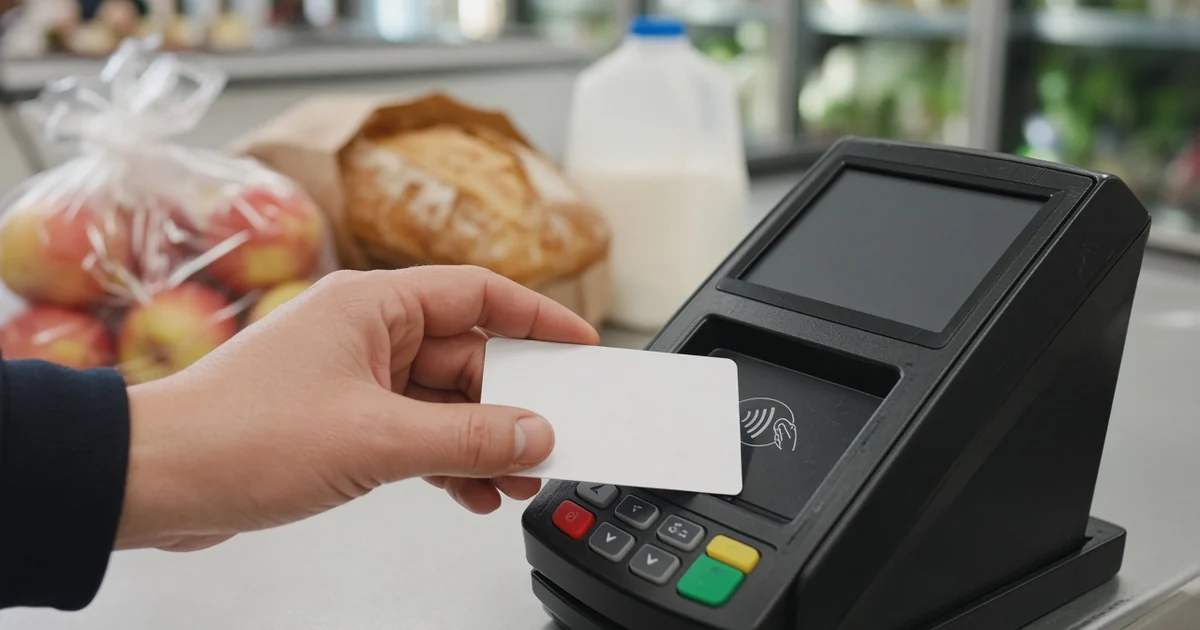 Hand tapping a blank credit card on a payment terminal at a Canadian grocery checkout